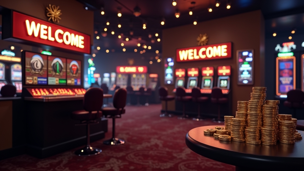 Salle de casino sombre avec affichage de bonus de bienvenue et machines à sous lumineuses