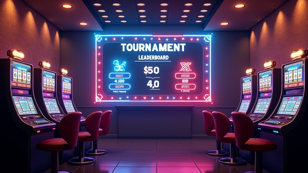 Tournoi de casino avec tableau des scores et machines à sous lumineuses dans une ambiance sombre