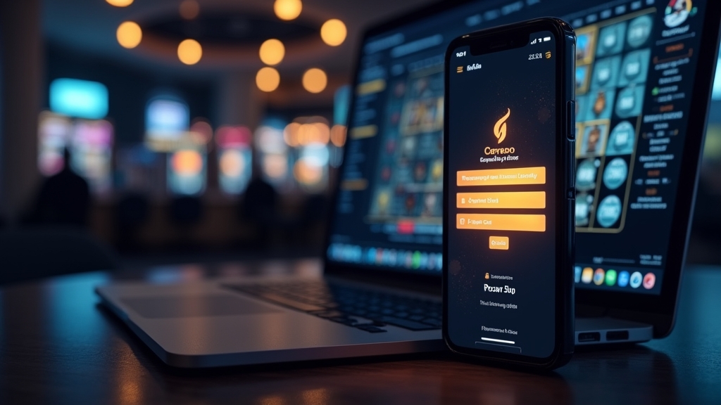 Écran de connexion Slots Palace sur smartphone et ordinateur dans une ambiance casino sombre