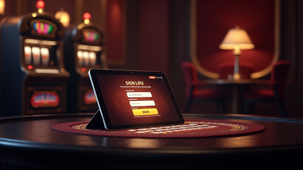 Formulaire d'inscription Slots Palace affiché sur tablette dans un décor de casino sombre