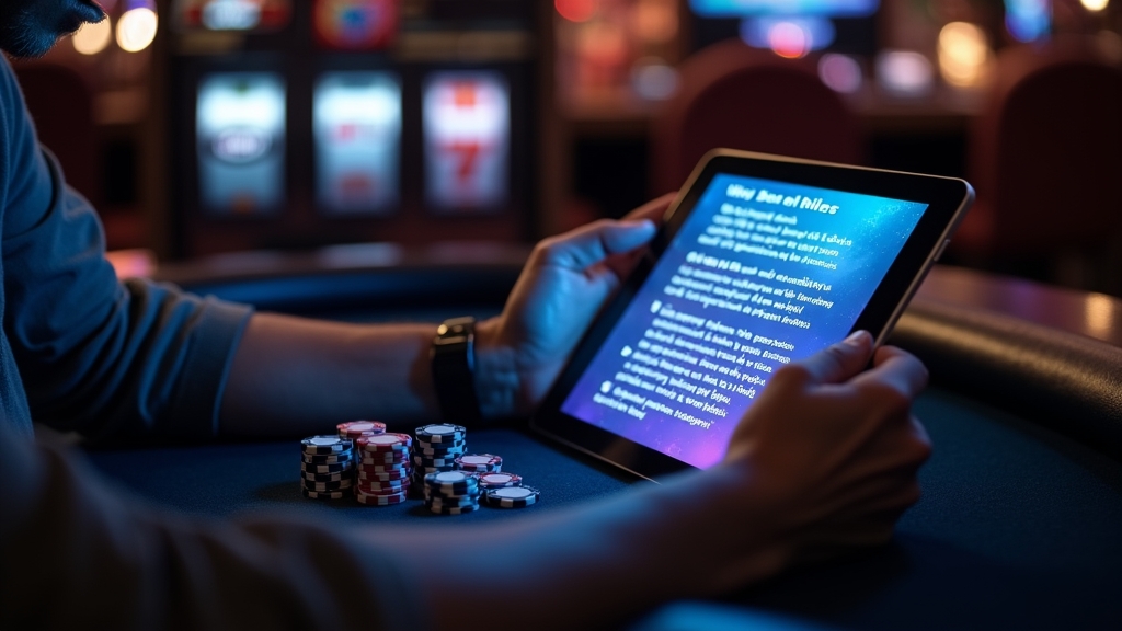 Joueur comparant les règles d’un bonus sur une tablette dans un casino sombre